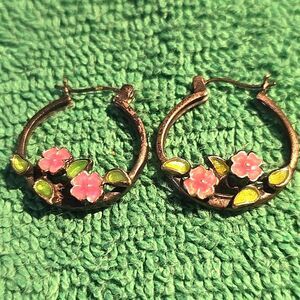 Sterling Silver Pink and Green Enamel Flower Hoop Earrings
